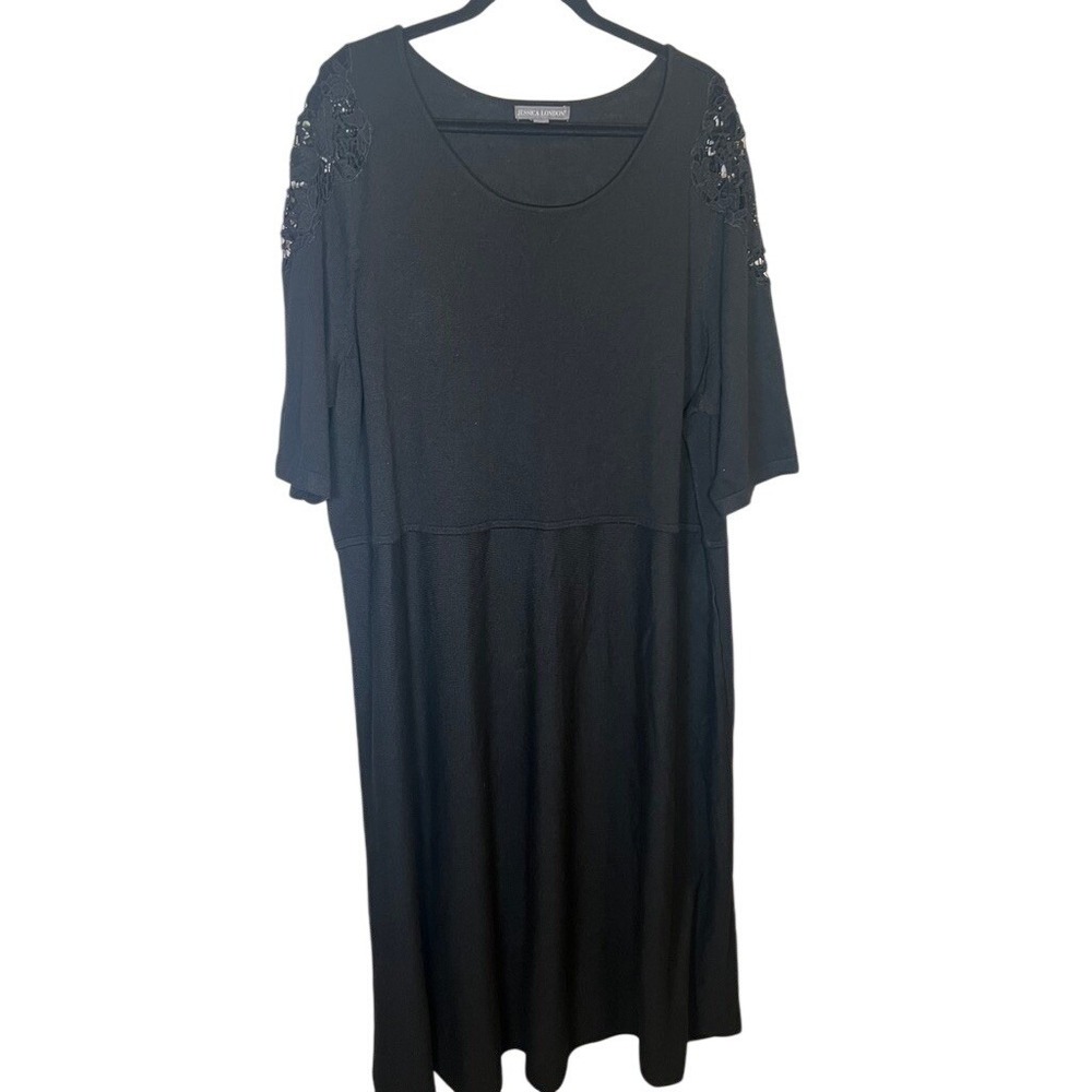 Jessica London Black Dress Plus Size 26 28 Crochet Lace Shoulder Midi Dress